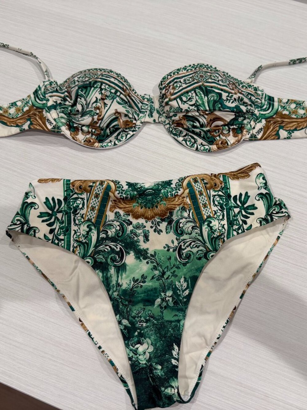 Camilla XS Green & Gold Baroque Print Bikini Set – Halter Top + High-Cut Bottoms